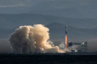A new Shepard rocket lights on Monday from Horn, Texas,